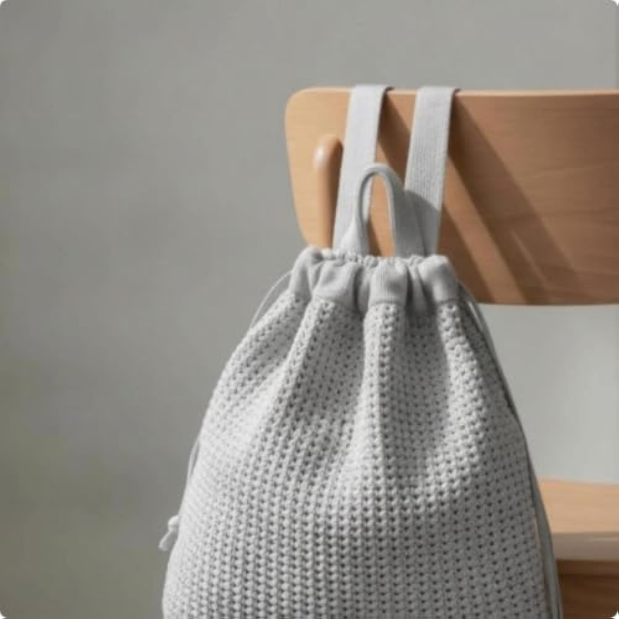 Portable Knit Drawstring Backpack, Light Gray